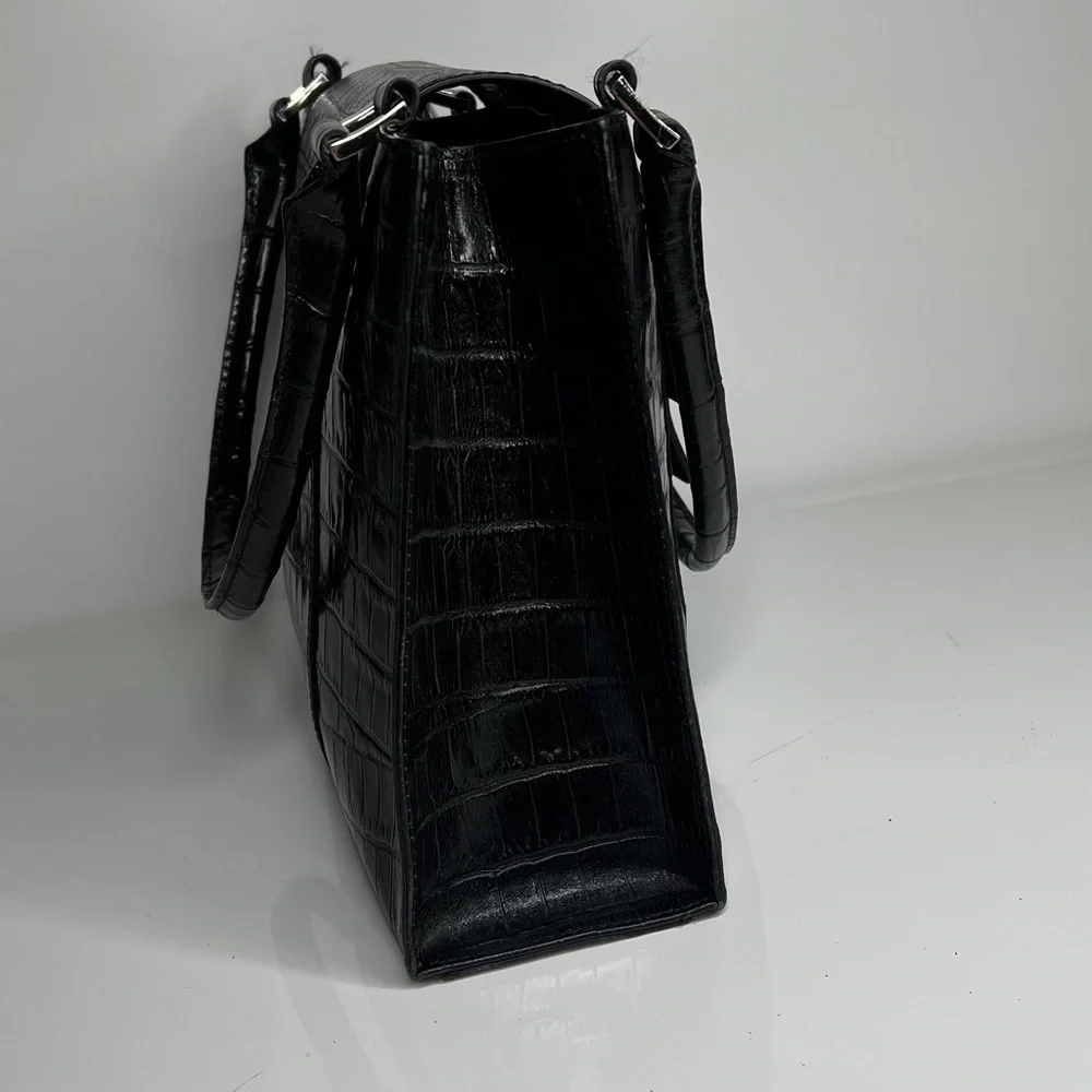 Bloomingdale’s Black Croc Embossed Leather Double Compartment Handbag